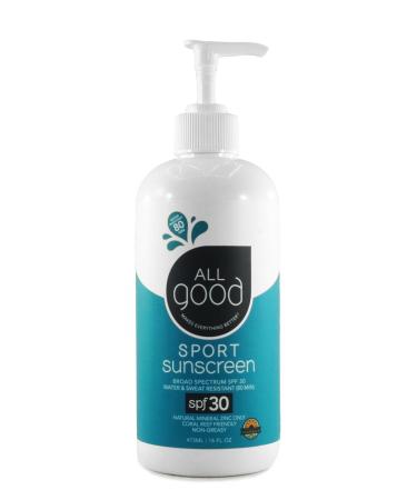 All Good Sport Mineral Sunscreen Lotion - Coral Reef Friendly  Water & Sweat Resistant  Face & Body  UVA/UVB Broad Spectrum SPF 30+ (3 oz)(16 oz Pump) 16 Fl Oz (Pack of 1)