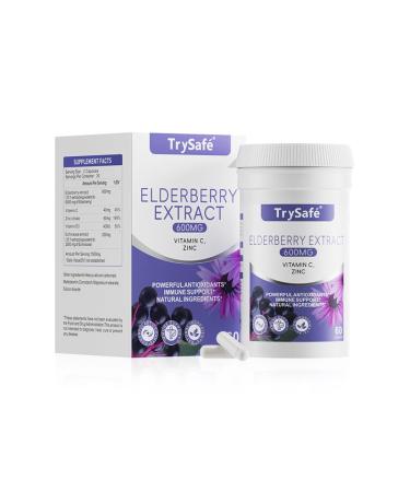 TrySafe 900mg Elderberry Immune Support Supplement 5-in-1 Formula with 10:1 Concentrated Extraction 600mg Elderberry Extract 200mg Echinacea Extract 60mg Zinc 40mg VC + VD Support Immune System*