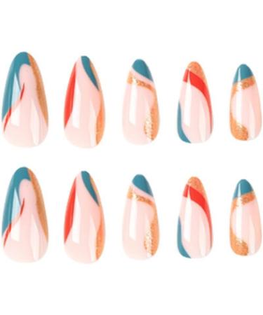Justotry 24 Pcs Swirl Short Stiletto False Nails with Glue - Pastel Press on Nails for Women - Almond Stick on Nails - Medium Sized Coloured and Swirl Design - Buy Online on GoSupps.com