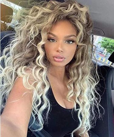 GNIMEGIL Long Curly Wavy Wig for Women Ombre Blonde Wig with Dark Roots Thick Loose Hair High Quality Synthetic Wig Heat Resistant Wigs for Christmas Costumes Daily Use