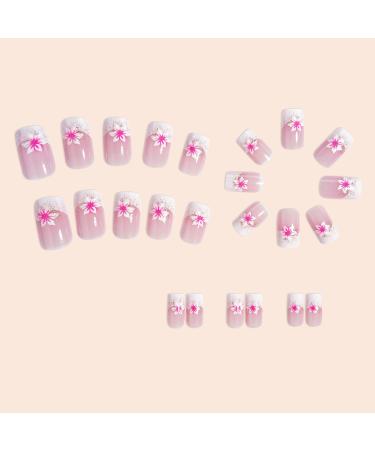 Pink Press on Nails - Medium Square Fake Nails with Flower Designs | Glossy Nude Pink Cherry Blossom - Reusable Acrylic Full Cover - 24PCS - Buy Online on GoSupps.com