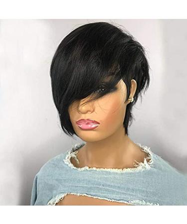 RICONEY Pixie Cut Wigs with Bangs Short Bob Wig Human Hair for Black Women Pixie Cut Short Wigs No Lace Front Wigs Glueless Full Machine Made Wig (8 Inch 130% Density)