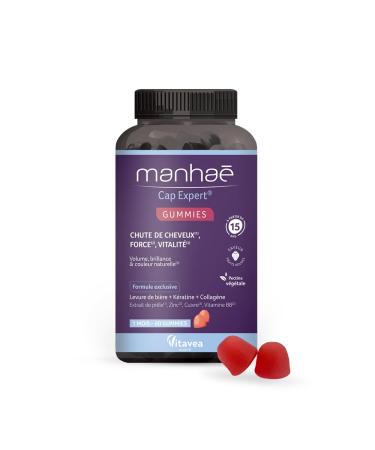 Manha Cap Expert Gummies Dietary Supplement Hair Loss Strength Volume Shine - Biotin (Vitamin B8) Brewer's Yeast Keratin Collagen Minerals - 60 Red Fruit Gummies