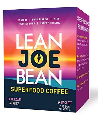 Lean Joe Bean Superfood Coffee | Organic Instant Keto Coffee with Mushrooms, MCT, Collagen, Turmeric, Probiotics & Folate | Mood & Energy Boosting Happy Coffee backed by Science (24 Count)