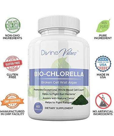 Divine Vibes Chlorella Spirulina Powder Capsules - 500 mg of Purest Raw Vegan Protein Green Superfood Broken Cell Wall 60 Count - Made in USA - Buy Online on GoSupps.com