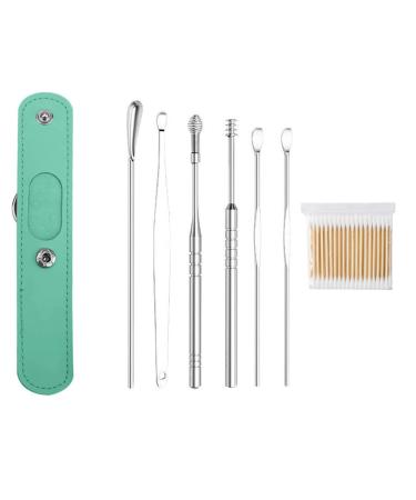 UIJKMN The Most Professional Ear Cleaning Master in 2023 Earwax Cleaning Tool 6-Piece Set with PU Leather Earwax Cleaner Tool Set Ear Pick Earwax Removal Kit Stainless Steel (Green)