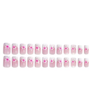 Pink Press on Nails - Medium Square Fake Nails with Flower Designs | Glossy Nude Pink Cherry Blossom - Reusable Acrylic Full Cover - 24PCS - Buy Online on GoSupps.com