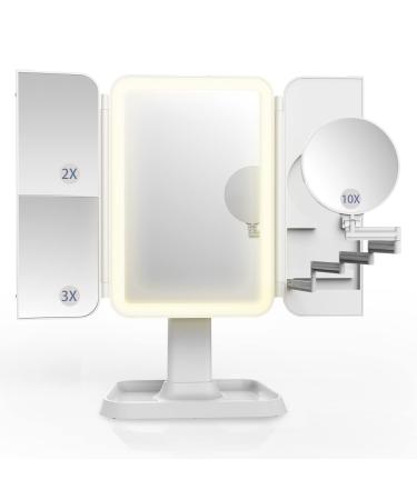 Simhould Makeup Mirror with 3 Color 72 LED Lights - Touch Screen and 1x/2x/3x/10x Magnification  Two Power Supply  Tri-Fold Vanity Mirror  Gift for Women (White)