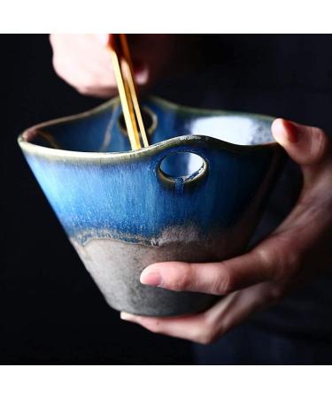 Japanese Style Retro Ceramic Ramen Bowl Home Blue Deep Soup Bowl Fruit Salad Bowl Creative Binaural Bowl Simple Tableware Kitchenware