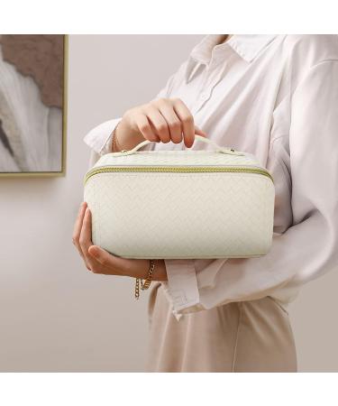 Aucuu Large Capacity Travel Cosmetic Bag - Waterproof PU Leather Makeup Bag for Women Girls with Handle - Portable Organizer (White) - Buy Online on GoSupps.com