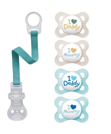 MAM Skin Soft Silicone Pacifier Set for Boys (0-6 mo) - 4 Pacifiers + 2 Sterilized Transport Boxes - I Love Mummy & Daddy - International Shipping Available - Buy Online on GoSupps.com