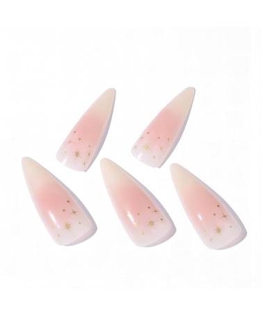 Shop 24Pcs Almond Press on Nails - Long Stiletto Faux Nails Pink Ombre Acrylic with Gold Star Designs - Cute Summer Nails for Women - Buy Online on GoSupps.com