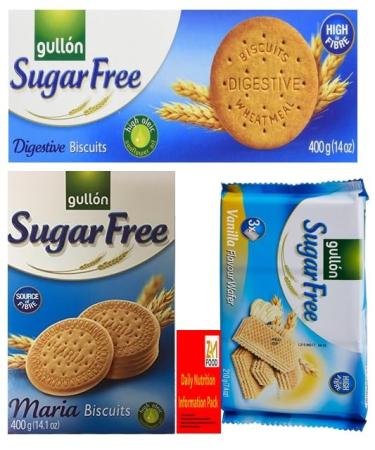 Gullon Sugar Free Cookie Biscuits Selection 3 Boxes Vanilla Wafers Digestives Maria Diabetic Multipack Friendly Gift box for friend & Family on christmas mothers & father day. (1 Bundle)