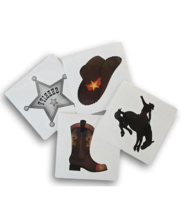 Party Supply Western Cowboy Party Favors - Temporary Tattoos - Hat  Boot  Sheriff Badge  Bucking Bronco - 24 Cute Square Tattoos