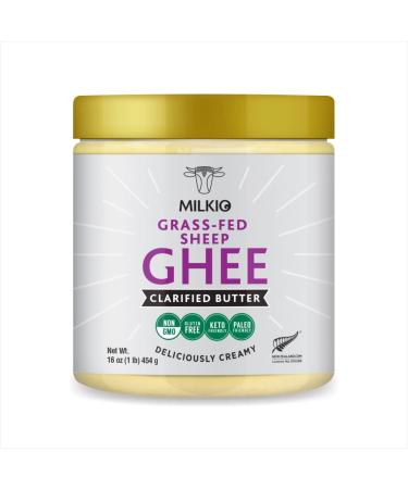 MILKIO Grass Fed Sheep Ghee - Halal, Kosher Certified Clarified Butter - Paleo, Keto Friendly, Non-GMO, Gluten, Lactose & Casein Free Cooking Oil - Pasture raised 16 FL Oz (Pack of 1)