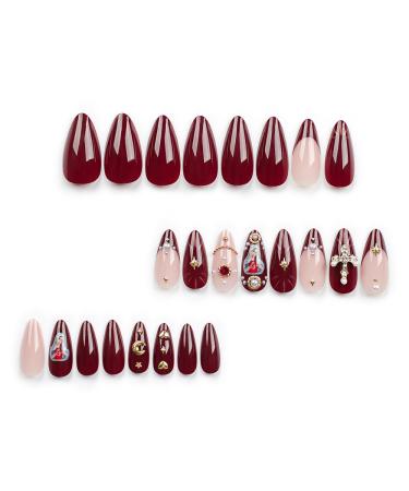 Buy 24 Pcs Claret Press-On Nails - Short Almond SHANRUN 5D Rhinestone Charms Glossy Gel Full Cover Acrylic Nail Tips Kit with File & Glue - Design A13 - Buy Online on GoSupps.com