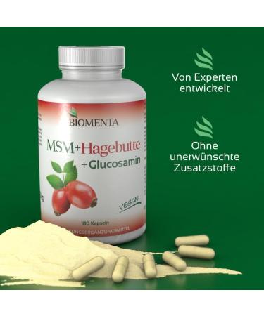 Biomenta MSM + Rose Hip + Glucosamine - 180 Allergen-Free Vegan Capsules | High-Dose 1200mg Sulfur 750mg Glucosamine HCL 300mg Rose Extract - Premium Quality - Buy Online on GoSupps.com