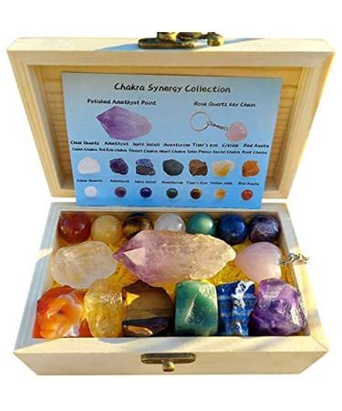 TESH CARE Chakra Synergy Premium Healing Crystal Collection, 7 Chakra Healing Spheres, 7 Chakra Raw Stones, 1 Large 3" Amethyst Wand, 1 Rose Quartz Key Chain, Guide, Meditation, Spirituality