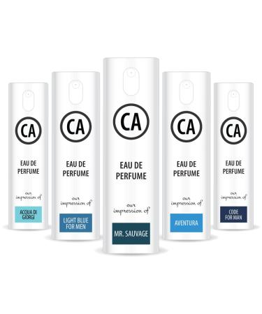 CA Perfume Best Spring Men Set Impression of (Light Blue + Mr.Savage + Code + Aventura + Aqua Di Giorgi) Fragrance Sample Travel Size Parfum Sprayer (0.3 Fl Oz/10 ml) x5