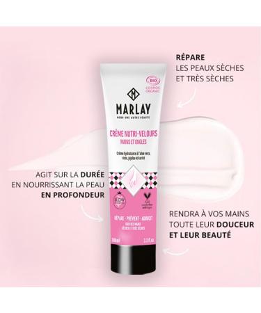 Marlay Cosmetics - Nutri-Velvet Hand Cream 100 ml - Repairing Moisturizing Cream for Dry Hands and Nails - Organic Aloe Vera Shea Butter - 99% Natural Origin - INCI 17.4/20 - Made in France - Buy Online on GoSupps.com