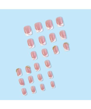 24 Pcs Short Square French Tip Press on Nails with Rhinestone Designs - Nude Pink Glue on Nails for Women - Buy Online on GoSupps.com