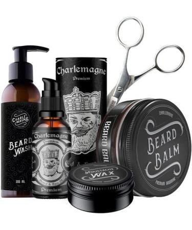 Charlemagne Bartpflege Set - consisting of beard shears beard shampoo beard balm beard oil and Mousthache Wax - Gift for men's gift man Bart Set - Men Barber Set