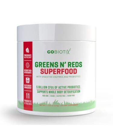 GOBIOTIX Super Greens Powder N' Super Reds Powder - Non-GMO Vegan Red and Green Superfood + Probiotics  Enzymes  Organic Whole Foods - Fruit and Veggie Supplement (Pomegranate Raspberry  1 Pack) Super Greens N' Reds-Pome...
