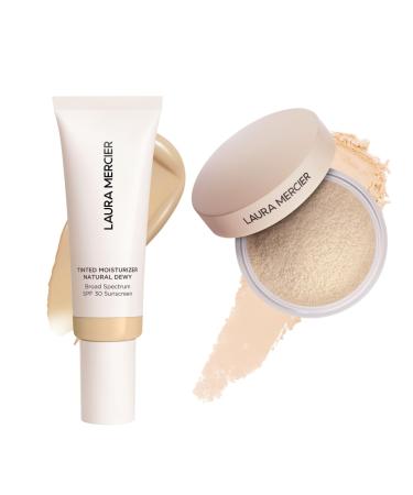 Laura Mercier Tinted Moisturizer Natural Dewy with SPF 30 24HR+ Hydration Shade 1W Blonde and Translucent Loose Talc-Free Setting Powder Ultra-Blur: Hyaluronic Acid Infused Shade Translucent Bundle