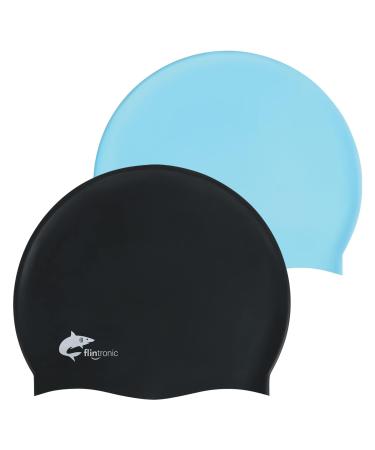Flintronic bathing cap silicone bathing cap bath hood swimming cap adult unisex bathing bathing for long hair hypoallergenic waterproof swimming cap for men #2 black + blue