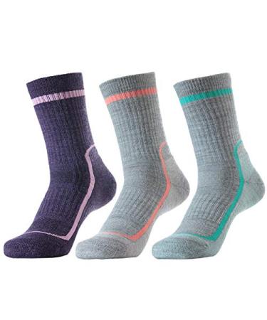 SOLAX Merino Wool Hiking & Walking Socks for Women Crew Trekking, Outdoor, Cushioned, Breathable 3 Pack Asst131 Medium