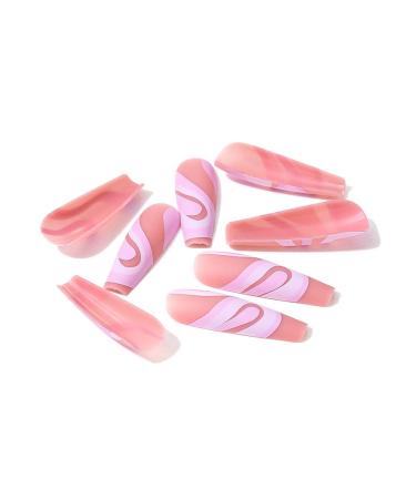 Brishow Long Press On Nails - Pink Lines Ballerina Acrylic Fake Nails | 24 Pieces for Women & Girls | International Shipping - Buy Online on GoSupps.com