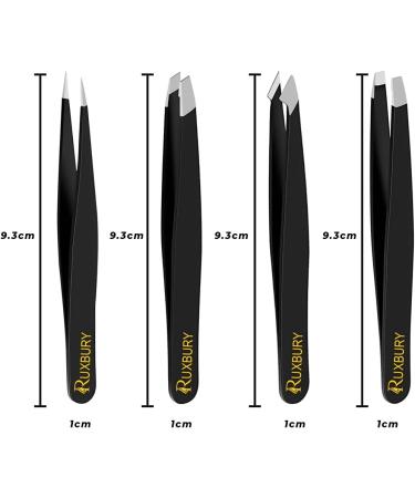 Ruxbury 4pcs Professional Stainless Steel Tweezers Set for Women & Men - Slanted & Pointed Tip, Black Coated Precision Tweezers for Facial Hair, Ingrown Hair - Includes Leather Pouch - Buy Online on GoSupps.com