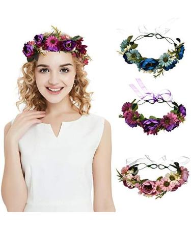 Floral Crown Headband Bride Flower Wreath Crown Flower Garland Headband Hair Wreath Hair Garland Boho Floral Headpiece with Ribbon Rose Flower Bohemian Hair Accessories for Wedding Party Festival Blue - Buy Online on GoSupps.com