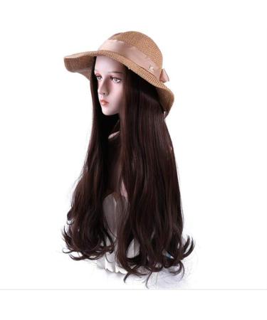 Buy Chtom Xin Chocolate Wavy Long Curly Hair Wig Hat - Heat-Resistant Synthetic Fiber with Straw Hat for Summer Beach Excursions - Buy Online on GoSupps.com