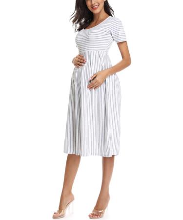 Love2Mi Short-Sleeve Maternity Dress XL - White Grey Stripe | Casual A-Line Midi Pregnant Dress - Buy Online on GoSupps.com
