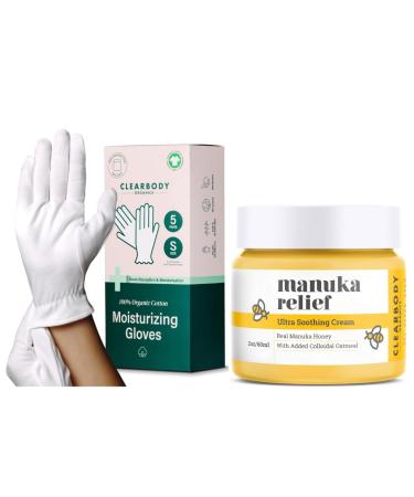 Clearbody Manuka Honey Eczema Cream and Clearbody Organic Gloves Small White Organic Cotton Gloves 5 Pairs (10 Pcs) 100% Organic Cotton Gloves for Dry Hands Reusable Moisturizing Gloves