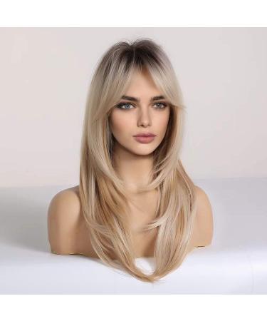 HAIRCUBE Blonde Ombre Long Curly Wig with Bangs - Heat Resistant Synthetic Shoulder Length Wig for Women - Buy Online on GoSupps.com