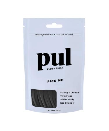 PUL Biodegradable Dental Floss Picks | Made from Plants, Eco Friendly, Vegan | Non-GMO, Fluoride Free, BPA Free | Charcoal Infused | Minty Fresh | Shred Free | Dental Flossers for Teeth (50 Count) 50 Count (Pack of 1)