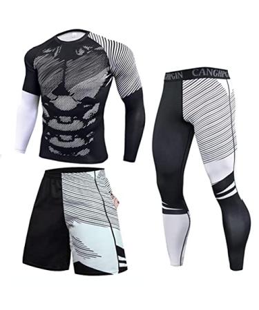 Men's 3Pcs Workout Set Athletic Sports Fitness Gym Outdoor Running Compression Shirt + Short + Pant Gray Large
