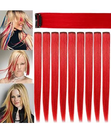 ZHIXIN 9 Pieces Red Colored Clip in Hair Extensions Party Highlights Synthetic Wig Pieces Hairpieces Hair Accessories (Red)