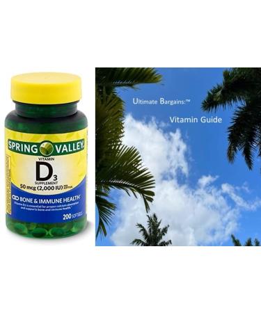Spring Health Vitamin D3 2000iu Softgels (50 mcg) Spring Valley - Bone & Immune Health - 200 Count + Your Vitamin Guide 200 Count (Pack of 1)