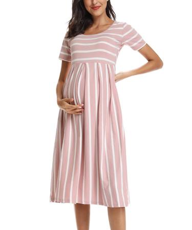 Love2Mi Womens Short-Sleeve Maternity Dress Casual A-Line Midi Pregnant Dress XL Dark Pink White Stripe