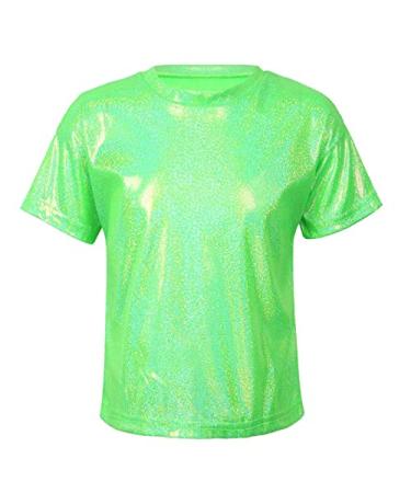 KKmeter Kids Boys Girls Short Sleeve T-Shirt Sparkly Metallic Shiny Loose Tops for Performance Party Jazz Dance Costumes 6-7 Green