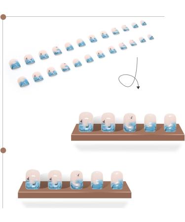 24pcs Short French Almond Square False Nails - Sea Wave Design | Full Cover Acrylic Nails with Glue - Stylish Press on Nails for Women and Girls Nail Art - Buy Online on GoSupps.com