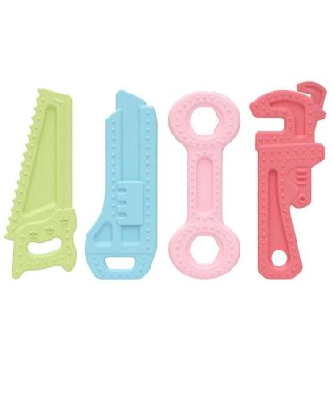 4Pack Teething Toys for Babies 0-6 Months with Lanyard Baby Infant Teething Toys for Molars 6-12 Months Freezer Safe Soft Silicone Baby Molar Teether Chew Toys Wrench Pliers Shape
