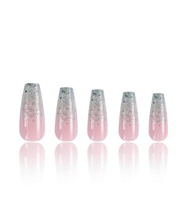 Shop Moyouglow Medium Press On Nails - Ballerina Pink Gradient Jelly with Silver Glitter | Artificial Fingernails with Nail Glue - Perfect Natural Ombre Shimmer - Buy Online on GoSupps.com
