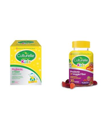 Culturelle Kids Probiotic + Fiber Packets (Ages 3+) - 60 Count & Daily Probiotic for Kids + Veggie Fiber Gummies (Ages 3+) - 30 Count - Digestive Health & Immune Support Berry Flavor with a Vitamin C