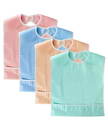 BTSKY 4 Pcs Waterproof Reusable Adult Bibs - Washable Mealtime Protector Bib Clothing Protector with Crumb Catcher Pink+beige+blue+green