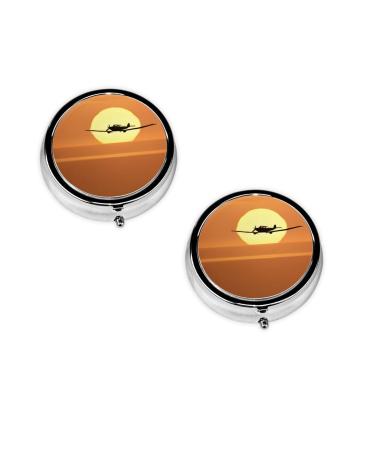 Aircraft Plane at Sunset Printed Mini Round Pill Box Pill Box 3 Compartment Medicine Pill Case Pill Organizer Travel Pillbox Portable Pill Box for Pocket Home Office Use
