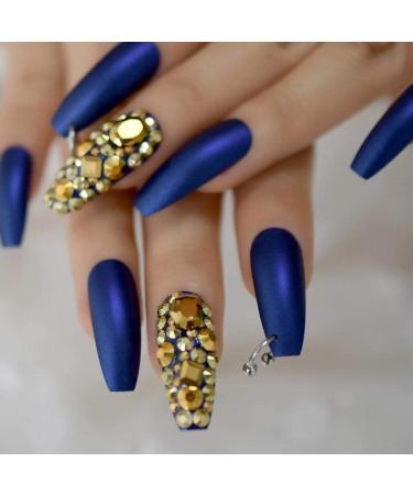 Stylish Hujl Artificial Nails - Punk Gold & Blue Diamond Design | Extra Long Matte Coffin Shape for Stunning Nail Art - Buy Online on GoSupps.com
